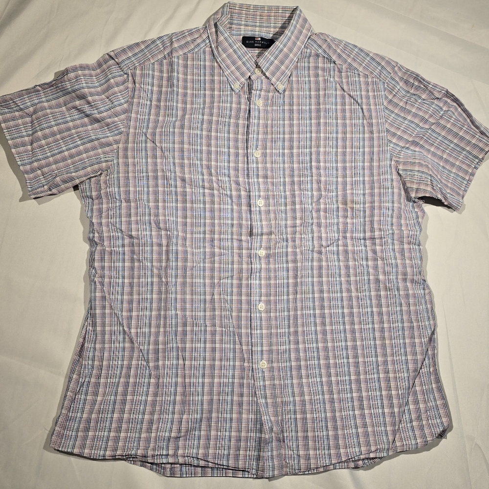 M&S Blue Harbour Shirt Check Short Sleeve Button Up Mens Size Large*